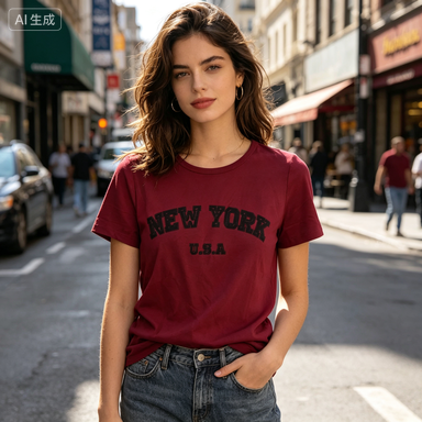 A wine-colored round-neck short-sleeved T-shirt with a stylish design image 2