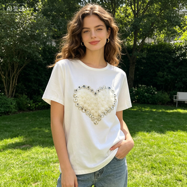 White round-neck short-sleeved T-shirt image 2